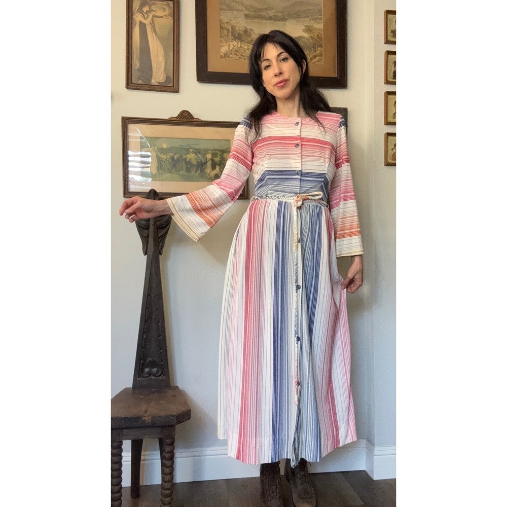 Vintage 70s Sears Striped Maxi Dress Pink Blue Boho Bell Sleeve Button Front